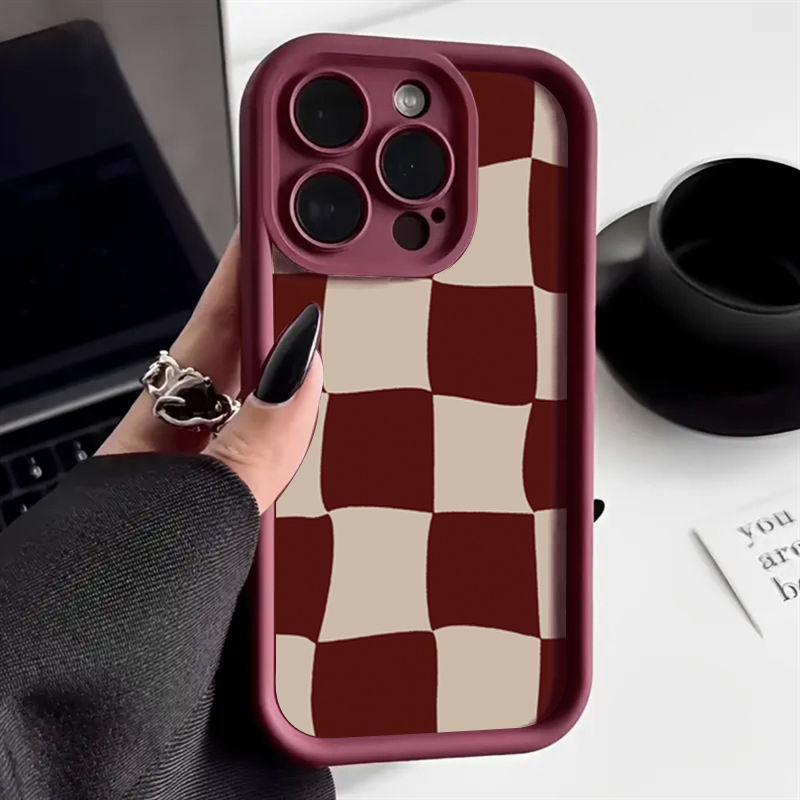 Phone Accessories Red - 와인 레드 변형 그리드 패턴 폰